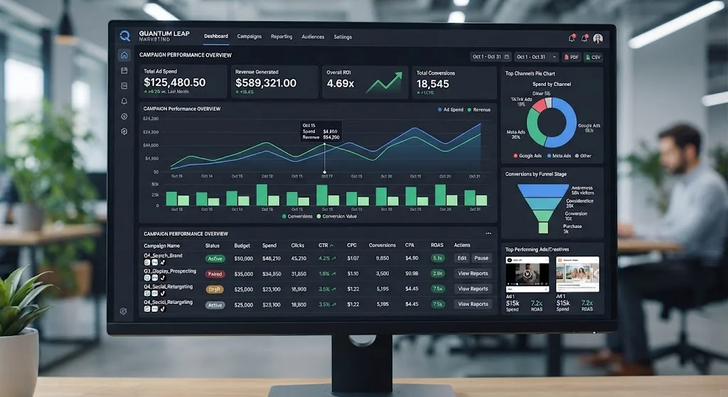 Performance marketing dashboard showing ad spend and ROAS