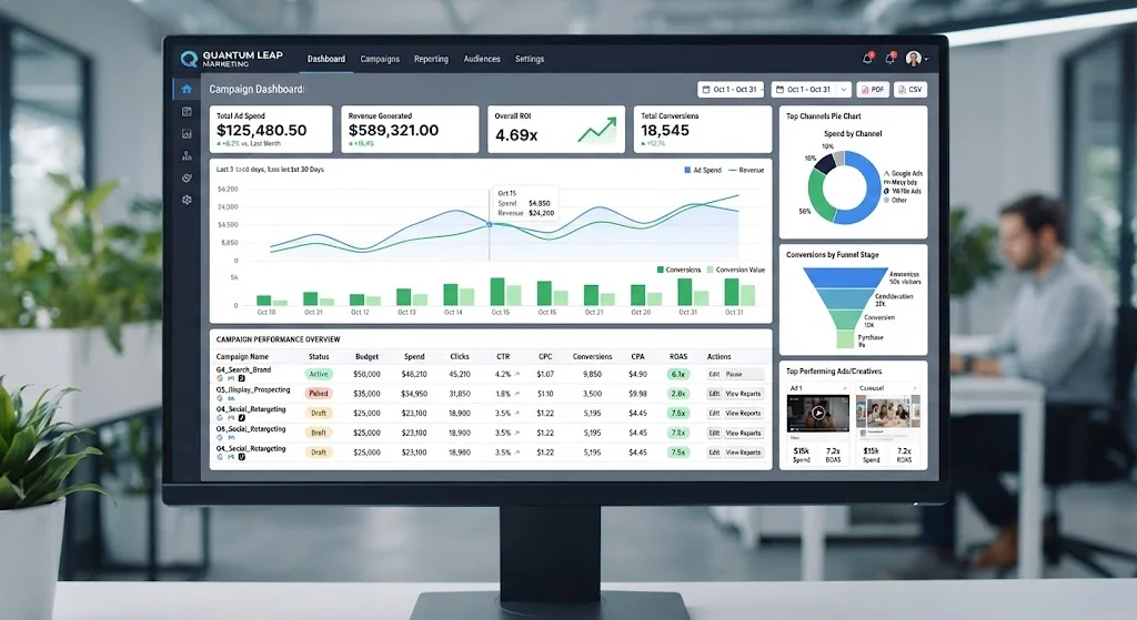 SEO analytics dashboard with campaign performance data