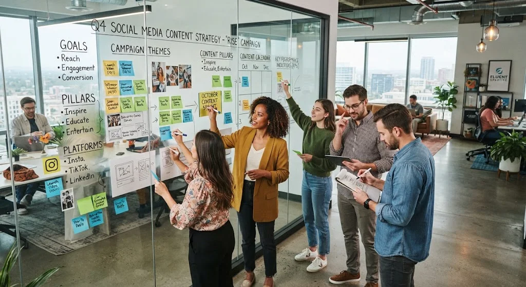 Social media strategy team planning a content calendar