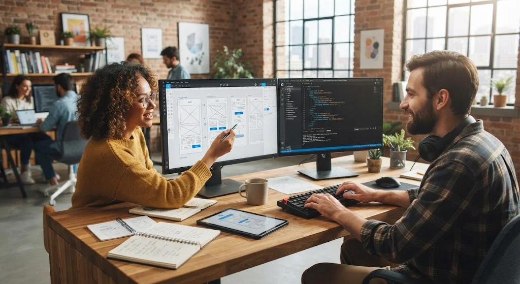 Web developers working on a website wireframe and code